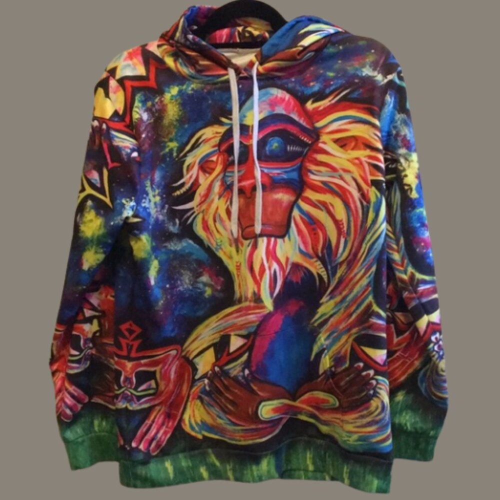 SOLD Vibrant Psychedelic Meditating Rafiki Lion King Hoodie Excellent Used Cond